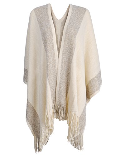 ZLYC Damen Herbst/Winter Weiche Schlichte Poncho Capes Retro - Stil Cardigans Pullover Mantel mit Fransen (Weiß) von ZLYC