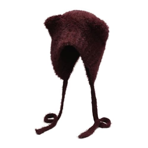 ZLYC Damen Katzenohr Slouchy Strickmütze Grunge Niedlich Wintermütze(Bärenohren Burgund),Einheitsgröße von ZLYC