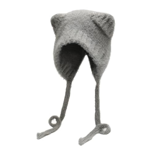 ZLYC Damen Katzenohr Slouchy Strickmütze Grunge Niedlich Wintermütze(Bärenohren Grau),Einheitsgröße von ZLYC