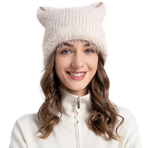 ZLYC Damen Katzenohr Slouchy Strickmütze Grunge Niedlich Wintermütze(Einfarbig Beige),Einheitsgröße von ZLYC