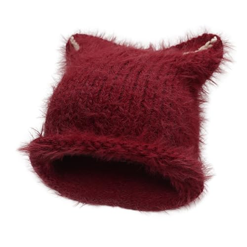 ZLYC Damen Katzenohr Slouchy Strickmütze Grunge Niedlich Wintermütze(Einfarbig Burgunderrot),Einheitsgröße von ZLYC