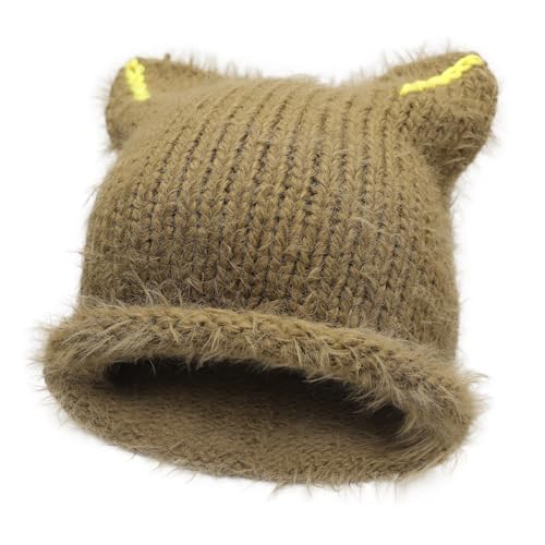 ZLYC Damen Häkelmütze, Strickmütze, Katzenohren, Slouchy Beanie-Mütze, Massives Khaki, Einheitsgröße von ZLYC