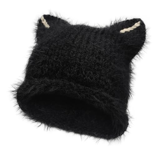 ZLYC Damen Katzenohr Slouchy Strickmütze Grunge Niedlich Wintermütze(Einfarbig Schwarz),Einheitsgröße von ZLYC