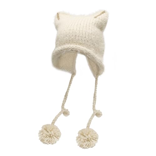 ZLYC Damen Katzenohr Slouchy Strickmütze Grunge Niedlich Wintermütze(Pom Pom Beige),Einheitsgröße von ZLYC