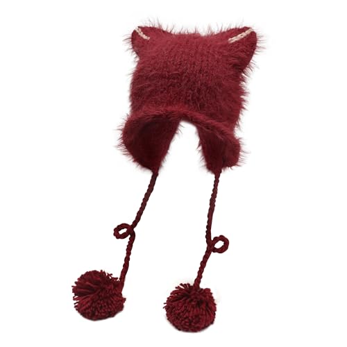 ZLYC Damen Katzenohr Slouchy Strickmütze Grunge Niedlich Wintermütze(Pom Pom Burgund),Einheitsgröße von ZLYC