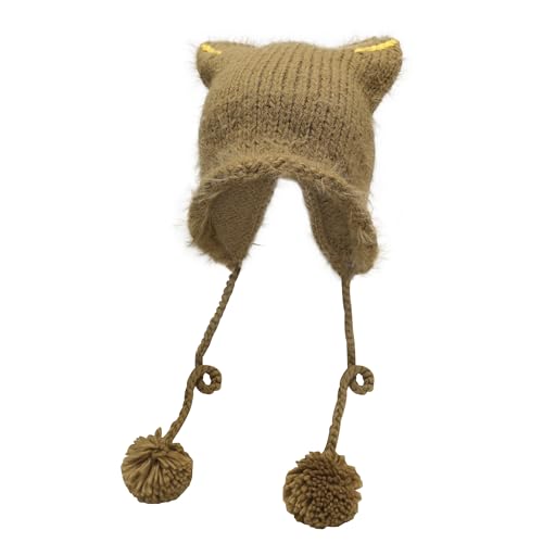 ZLYC Damen Katzenohr Slouchy Strickmütze Grunge Niedlich Wintermütze(Pom Pom Khaki),Einheitsgröße von ZLYC
