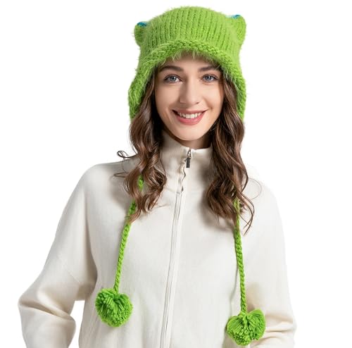 ZLYC Damen Katzenohr Slouchy Strickmütze Grunge Niedlich Wintermütze(Pom Pom Neon Grün),Einheitsgröße von ZLYC