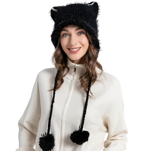 ZLYC Damen Katzenohr Slouchy Strickmütze Grunge Niedlich Wintermütze(Pom Pom Schwarz),Einheitsgröße von ZLYC