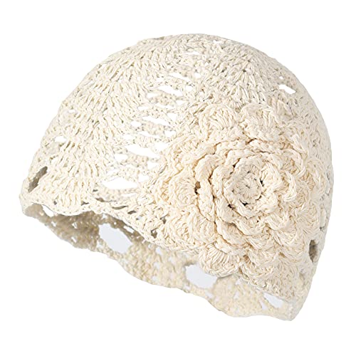 ZLYC Damen Mädchen Häkelmütze Handgemacht Beanie Mütze Slouch Herbst Strickmützen,Gr. Einheitsgröße,Blume Beige von ZLYC