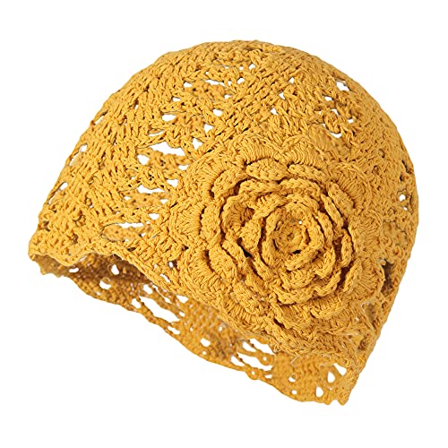 ZLYC Damen Mädchen Häkelmütze Handgemacht Beanie Mütze Slouch Herbst Strickmützen,Gr. Einheitsgröße,Blume Gelb von ZLYC