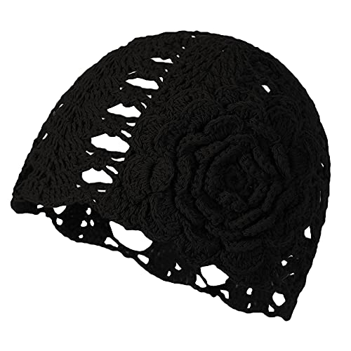 ZLYC Damen Mädchen Häkelmütze Handgemacht Beanie Mütze Slouch Herbst Strickmützen,Gr. Einheitsgröße,Blume Schwarz von ZLYC