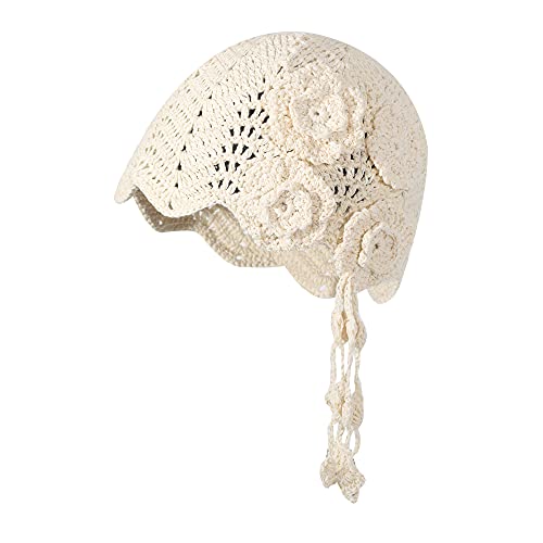 ZLYC Damen Mädchen Mütze Handgemachte Sommermütze Strickmütze, Blumenmuster beige, One Size von ZLYC