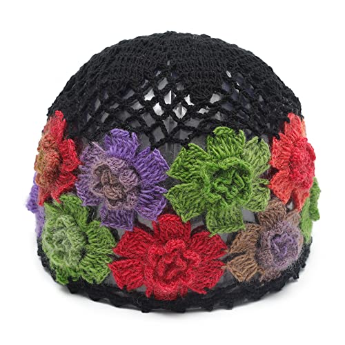 ZLYC Damen Mädchen Häkelmütze Handgemacht Beanie Mütze Slouch Sommer Strickmützen (Blumes Schwarz) von ZLYC