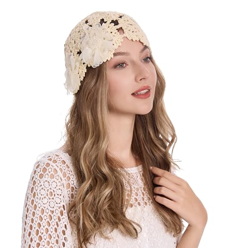 ZLYC Damen Mädchen Mütze Handgemachte Sommermütze Strickmütze, Dekorative Blumen Beige, One Size von ZLYC