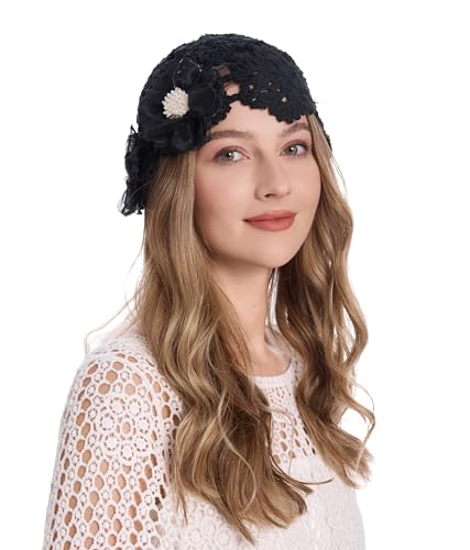 ZLYC Damen Mädchen Mütze Handgemachte Sommermütze Strickmütze, Schwarze dekorative Blumen, One Size von ZLYC