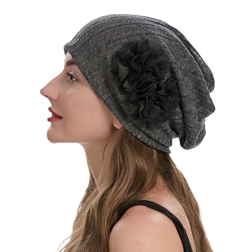 ZLYC Damen Slouchy Beanie Strickmützen Leicht Weich Mütze(Blume Dunkelgrau),Einheitsgröße von ZLYC