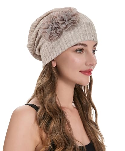 ZLYC Damen Slouchy Beanie Strickmützen Leicht Weich Mütze(Blume Khaki),Einheitsgröße von ZLYC