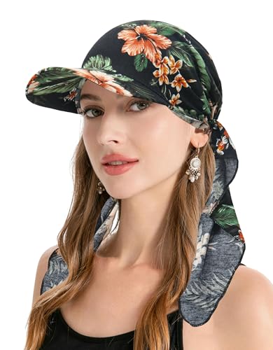 ZLYC Chemo-Kopfbedeckung für Damen, Krempe, Visier, Kopftuch, vorgebunden, leicht, Totenkopfkappe, Blumen, schwarz, Einheitsgröße von ZLYC