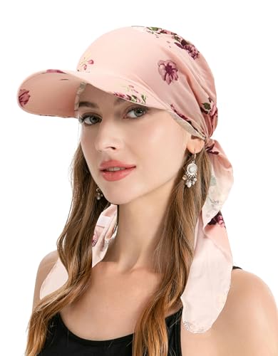 ZLYC Chemo-Kopfbedeckung für Damen, Krempe, Visier, Kopftuch, vorgebunden, leicht, Totenkopfmütze, Blumenmuster in Pink, Einheitsgröße von ZLYC