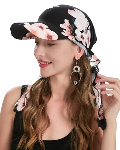 ZLYC Chemo-Kopfbedeckung für Damen, Krempe, Visier, Kopftuch, vorgebunden, leicht, Totenkopfmütze, Floral Black, Einheitsgröße von ZLYC