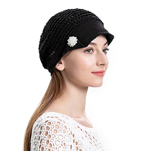 ZLYC Damen Sommer Slouchy Häkelmütze Visoren Handgemacht Häkelmütze Visor(Festes Schwarz) von ZLYC