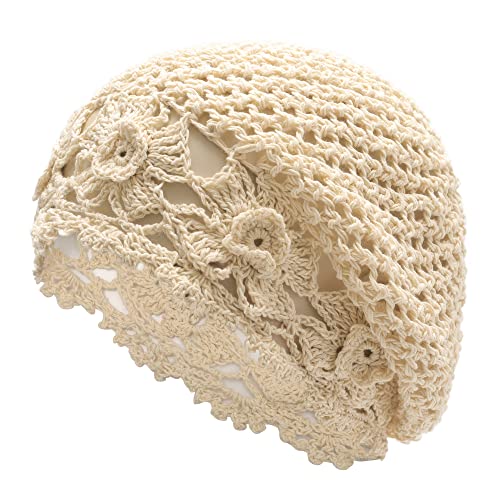 ZLYC Damen Sommer Strickmützen Handgemacht Häkelmütze Slouch Beanie Mütze(Blumen Beige) von ZLYC