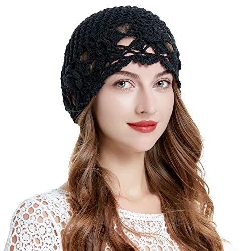 ZLYC Damen Sommer Strickmützen Handgemacht Häkelmütze Slouch Beanie Mütze(Blumen Schwarz) von ZLYC