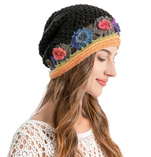 ZLYC Damen Sommer Strickmützen Handgemacht Häkelmütze Slouch Beanie Mütze(Bunte Blume Schwarz),Einheitsgröße von ZLYC