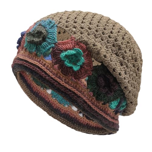 ZLYC Damen Sommer Strickmützen Handgemacht Häkelmütze Slouch Beanie Mütze(Bunte Blume Tan),Einheitsgröße von ZLYC