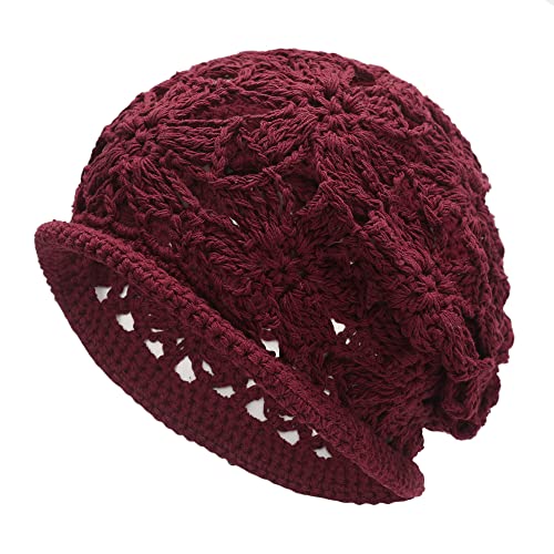 ZLYC Damen Sommer Strickmützen Handgemacht Häkelmütze Slouch Beanie Mütze(Gehäkeltes Burgunderrot) von ZLYC