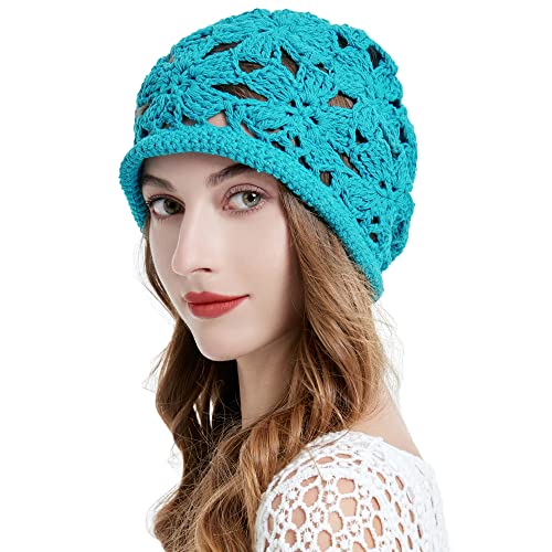 ZLYC Damen Sommer Strickmützen Handgemacht Häkelmütze Slouch Beanie Mütze(Gehäkeltes Pfau Blau) von ZLYC