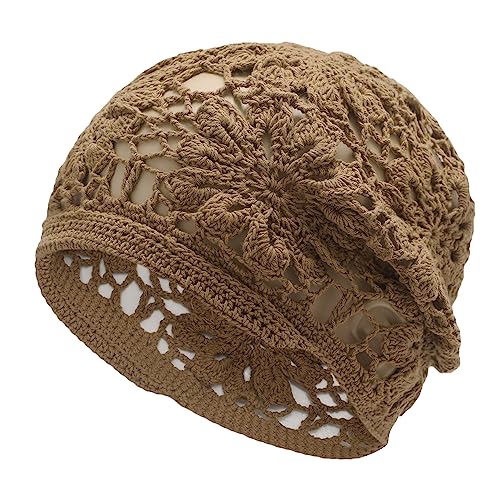 ZLYC Damen Sommer Strickmützen Handgemacht Häkelmütze Slouch Beanie Mütze(Gestrickt Tan) von ZLYC