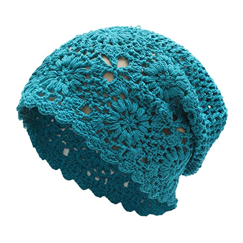 ZLYC Damen Sommer Strickmützen Handgemacht Häkelmütze Slouch Beanie Mütze (Fester Pfauenblau) von ZLYC