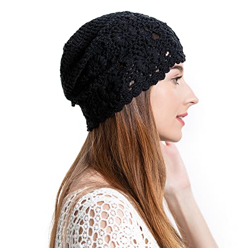 ZLYC Damen Sommer Strickmützen Handgemacht Häkelmütze Slouch Beanie Mütze (Festes Schwarz),Gr.Einheitsgröße von ZLYC