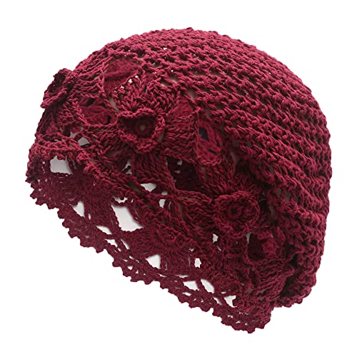 ZLYC Damen Sommer Strickmützen Handgemacht MZ-QX23_lmütze Slouch Beanie Mütze(Blumen Burgund) von ZLYC