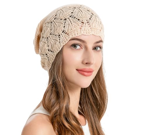 ZLYC Damen Sommer Strickmützen Handstricken Häkelmütze Bentage Beanie Mütze(Einfarbig Beige) von ZLYC