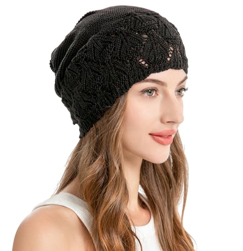 ZLYC Damen Sommer Strickmützen Handstricken Häkelmütze Scntage Beanie Mütze(Solides Schwarz) von ZLYC