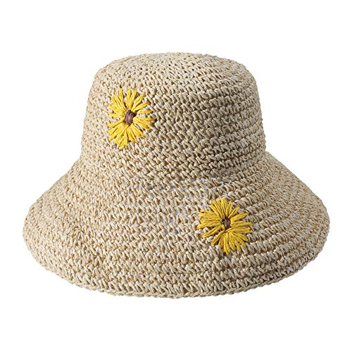 ZLYC Damen Sonnenhut Faltbar Sommer Strohhut Breite Krempe Strandhut UV Schutz Outdoorhut mit Sonnenblume,Sonnenblume Beige,Gr. Einheitsgröße von ZLYC