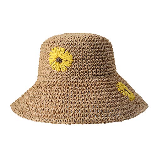 ZLYC Damen Sonnenhut Faltbar Sommer Strohhut Breite Krempe Strandhut UV Schutz Outdoorhut mit Sonnenblume,Sonnenblume Khaki,Gr. Einheitsgröße von ZLYC