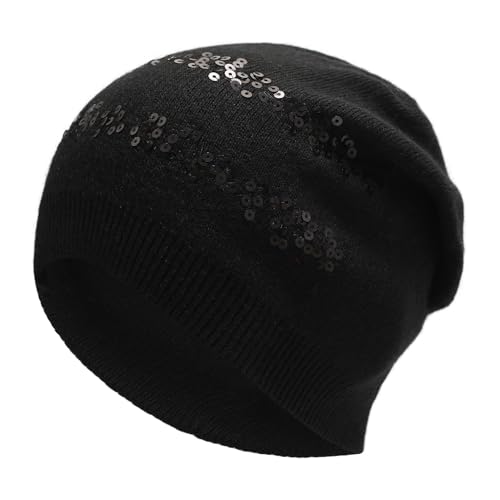 ZLYC Damen Strickmütze Slouchy Beanie Mütze Weich Winter Stretch Skull Cap(Zweizeilige Paillette Schwarz) von ZLYC