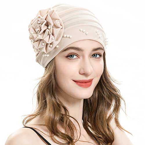 ZLYC Damen Summer Beanie Mütze Elastischer Chemo Hut mit Blumen(Blume Beige) von ZLYC