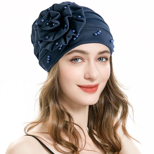 ZLYC Damen Summer Beanie Mütze Elastischer Chemo Hut mit Blumen(Blume Marine),Einheitsgröße von ZLYC