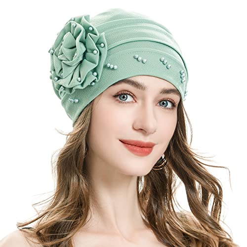 ZLYC Damen Summer Beanie Mütze Elastischer Chemo Hut mit Blumen(Blume Mintgrün) von ZLYC