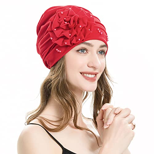 ZLYC Damen Summer Beanie Mütze Elastischer Chemo Hut mit Blumen(Blume Rot) von ZLYC