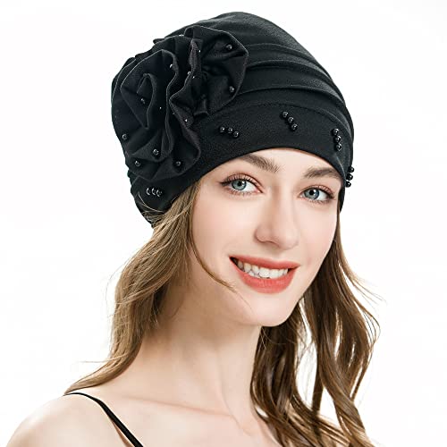 ZLYC Damen Summer Beanie Mütze Elastischer Chemo Hut mit Blumen(Blume Schwarz) von ZLYC