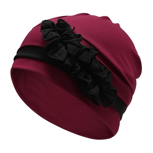 ZLYC Damen Summer Beanie Mütze Elastischer Chemo Hut mit Blumen(Einfarbig Rot Schwarz Blume),Einheitsgröße von ZLYC