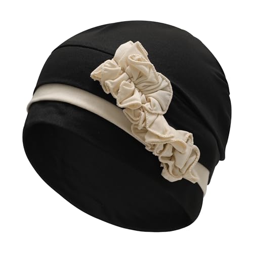 ZLYC Damen Summer Beanie Mütze Elastischer Chemo Hut mit Blumen(Einfarbig Schwarz Beige Blume),Einheitsgröße von ZLYC
