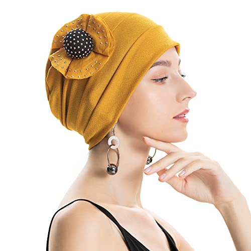 ZLYC Damen Summer Beanie Mütze Elastischer Chemo Hut mit Blumen(Festes Gelb) von ZLYC