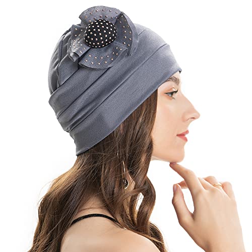 ZLYC Damen Summer Beanie Mütze Elastischer Chemo Hut mit Blumen(Festes Grau) von ZLYC