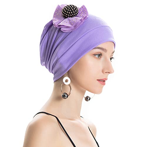 ZLYC Damen Summer Beanie Mütze Elastischer Chemo Hut mit Blumen(Festes Hellviolett) von ZLYC